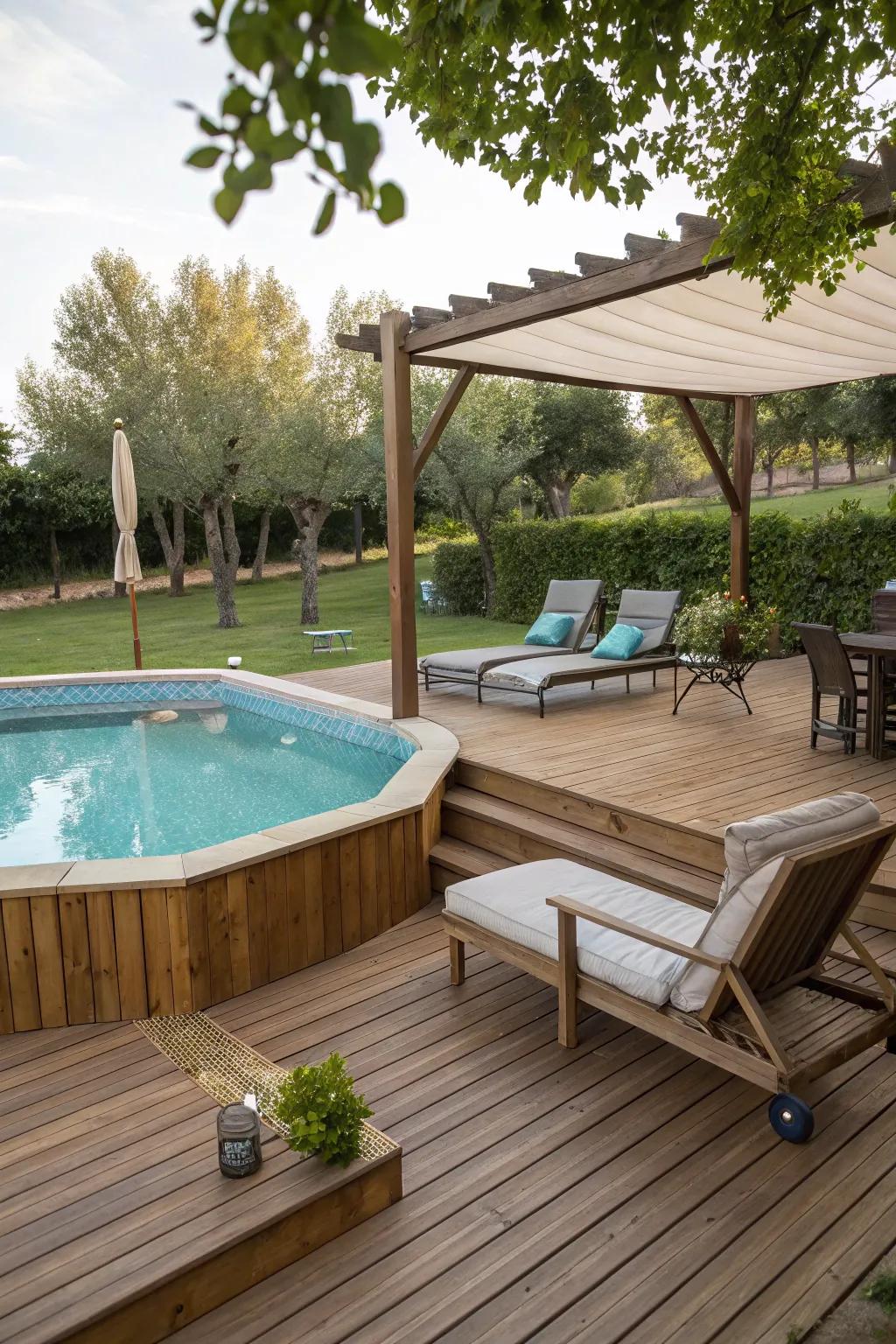 A wood deck crafts a welcoming and snug poolside getaway.