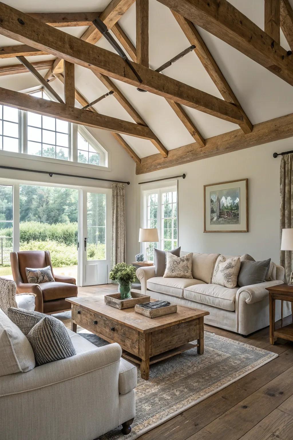Painted supports introduce a modern twist to this farmhouse-inspired room.