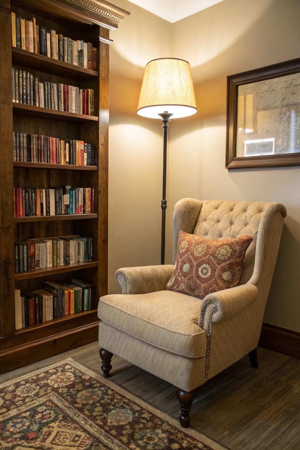 A studying space with a deluxe armchair and a bookshelf produces a comfortable place to unwind.
