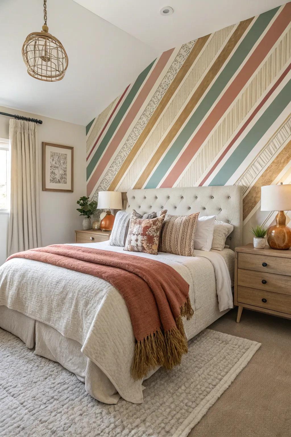 A bedroom is amplified by a vibrant striped feature wall.