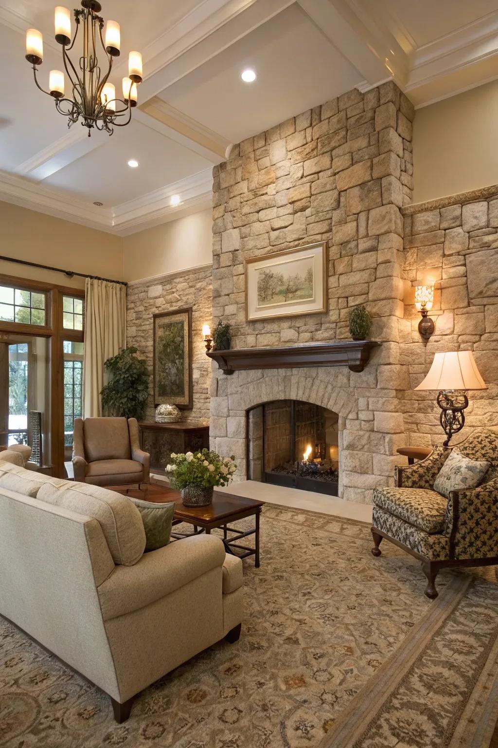 The textured stone accent wall brings elegance and a sense of cozy warmth.