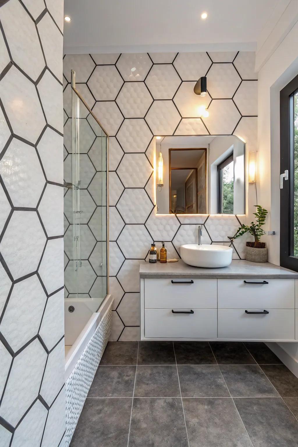 Geometric tiles establish a vibrant and fashionable accent wall.