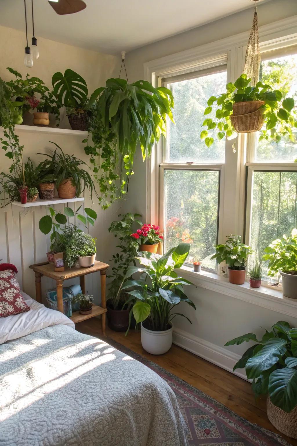 Abundant greenery brings a slice of nature into the bedroom.