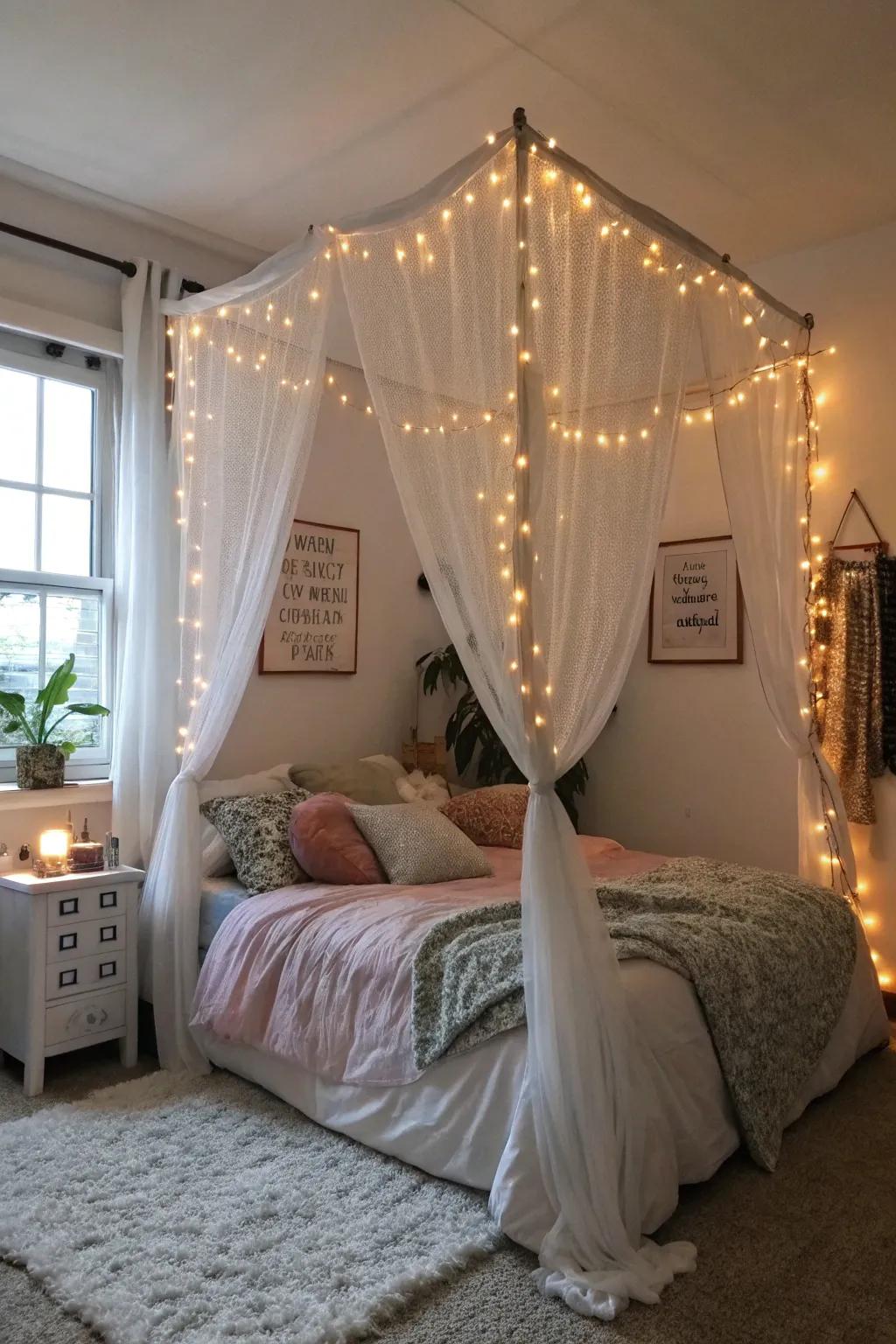Design a dreamy sleep refuge with a sparkle light cover.