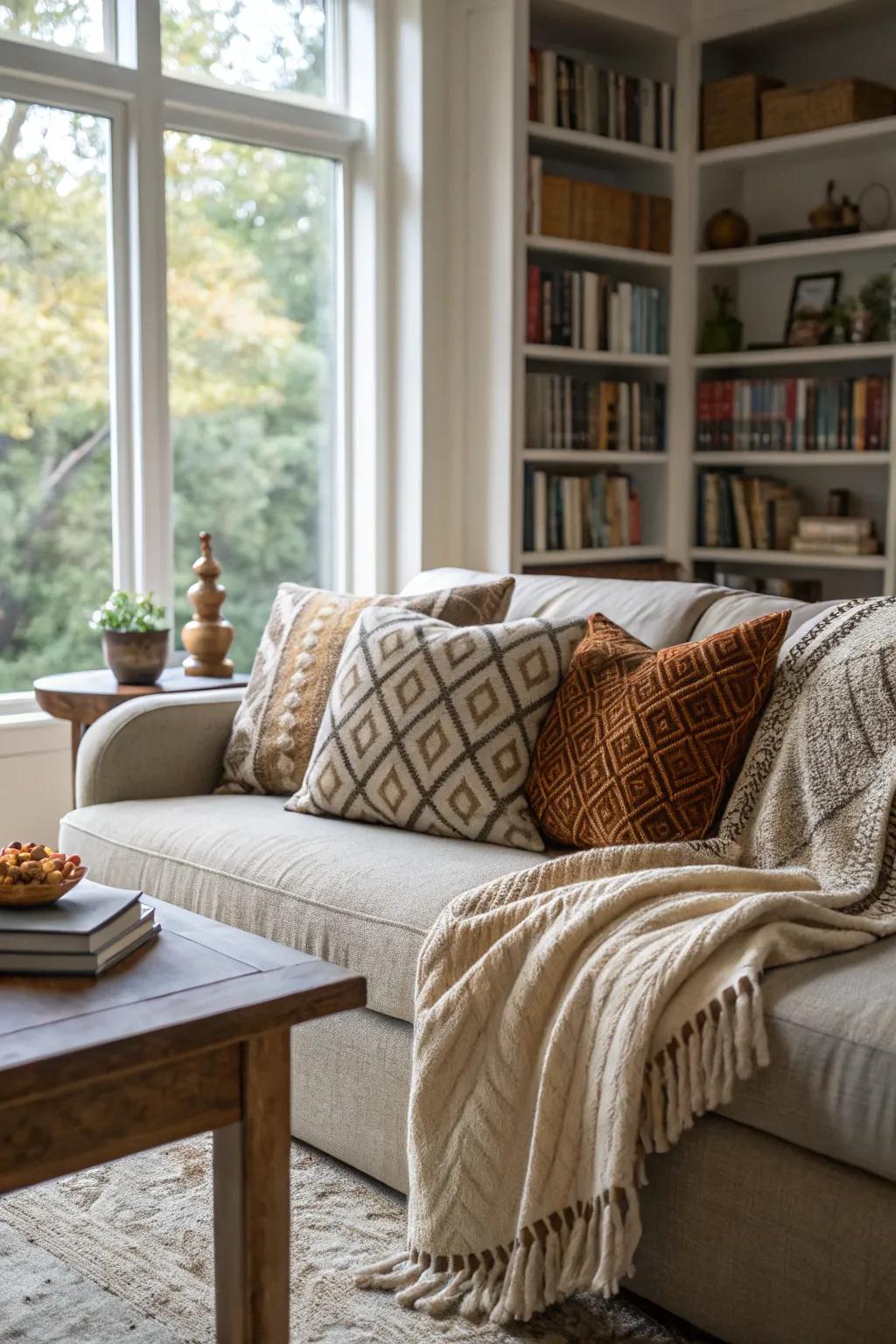 A comfortable living area enhanced with layered textures designed for ultimate comfort.