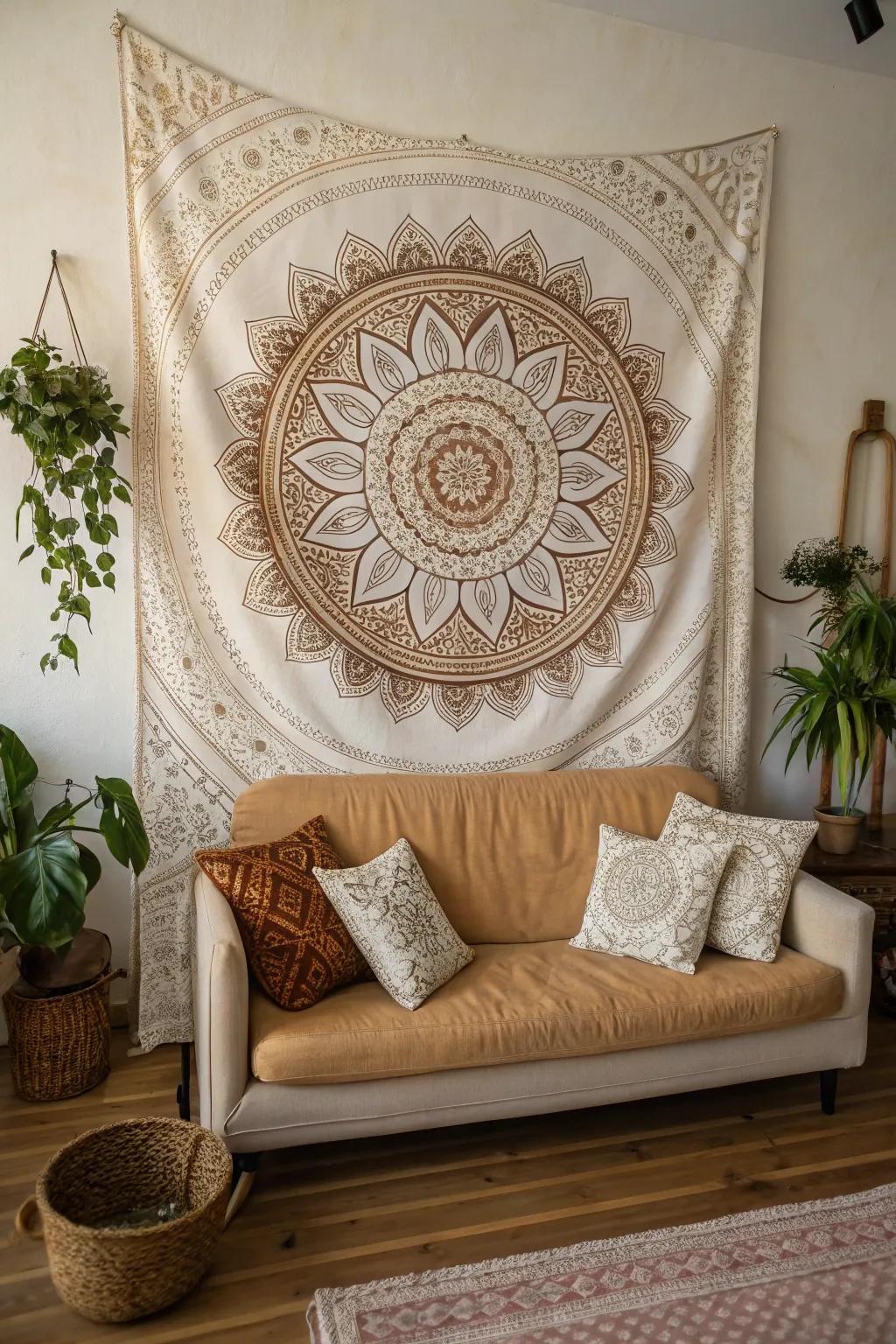 Bohemian mandala wall hangings add a meditative charm.