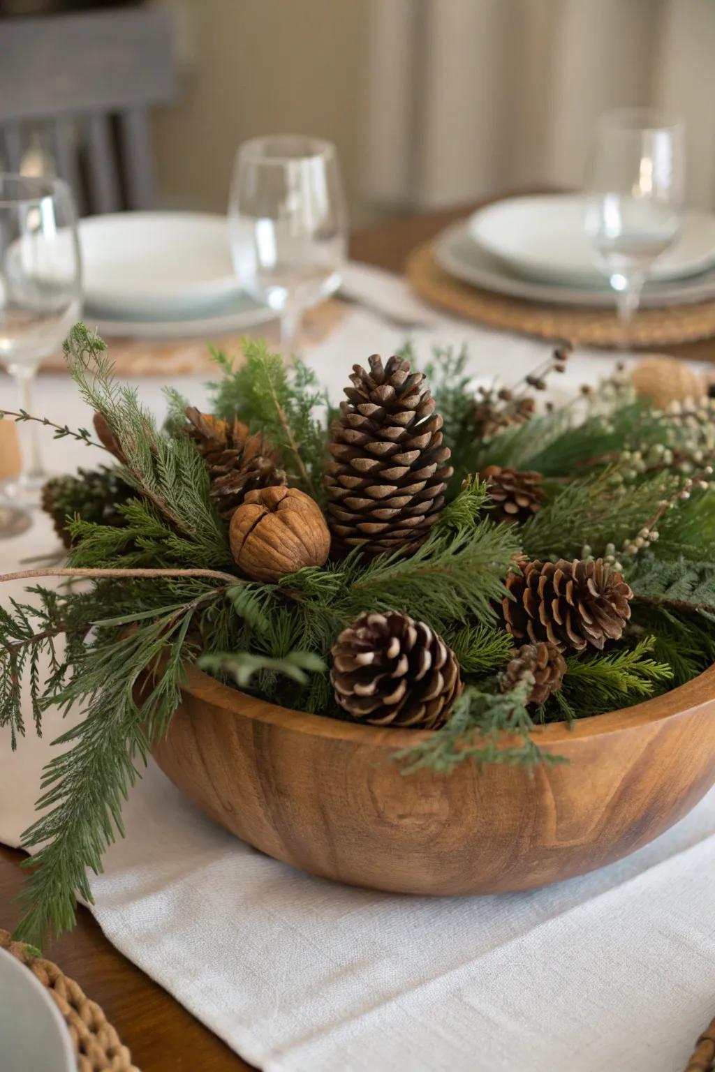 An organic winter focal point featuring fir and conifer cones