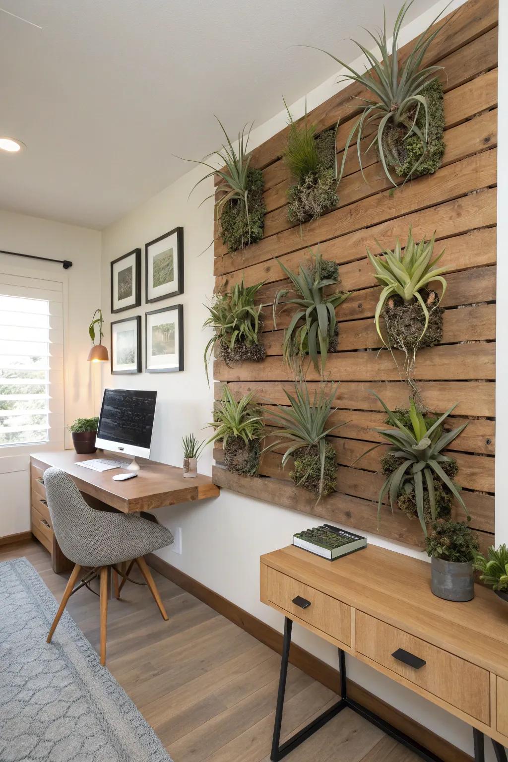 Air plants displayed on a wall in an office.
