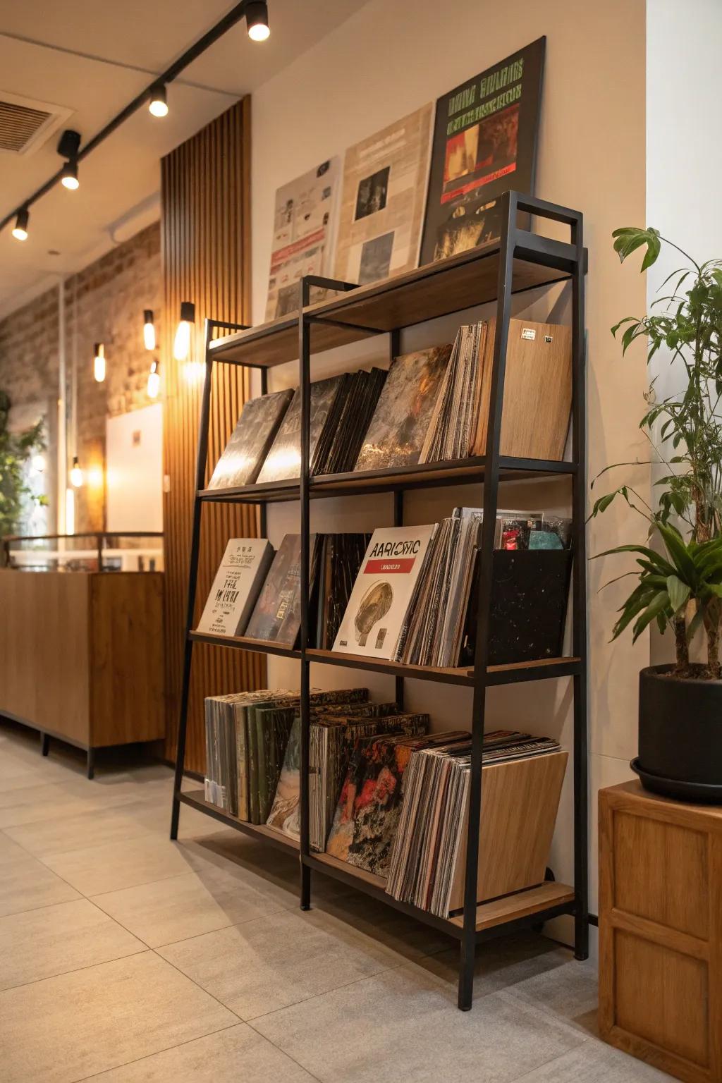 A stylish multi-level storage option ideal for arranging vinyl records and books.