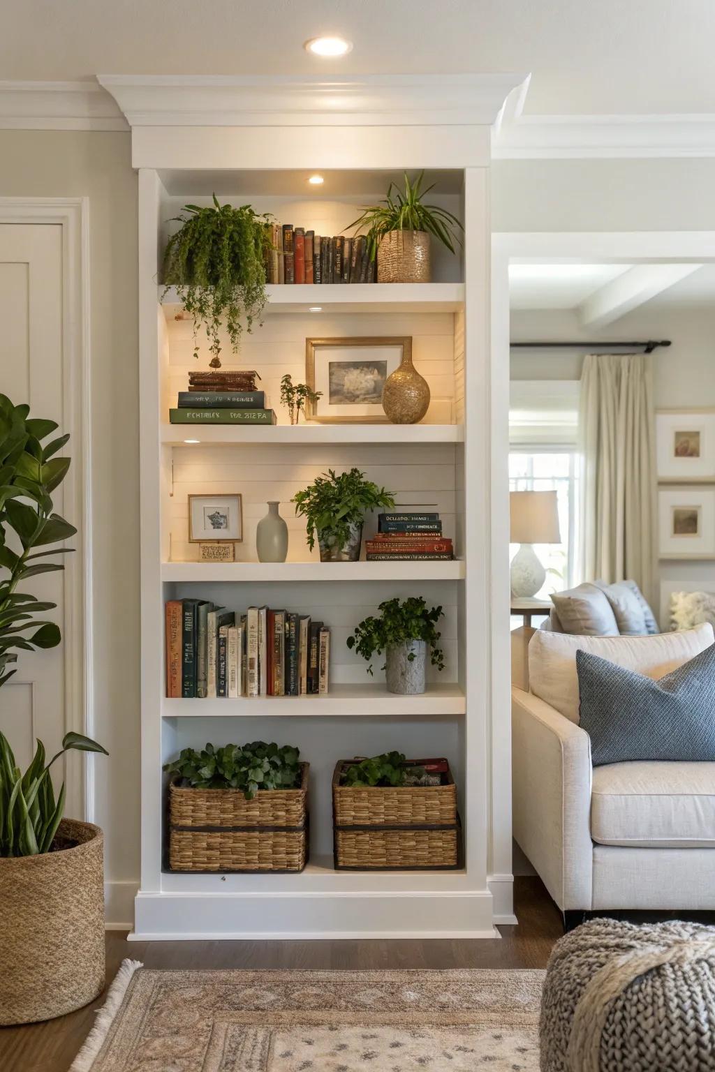 Establish harmony through symmetrical alcove racks.