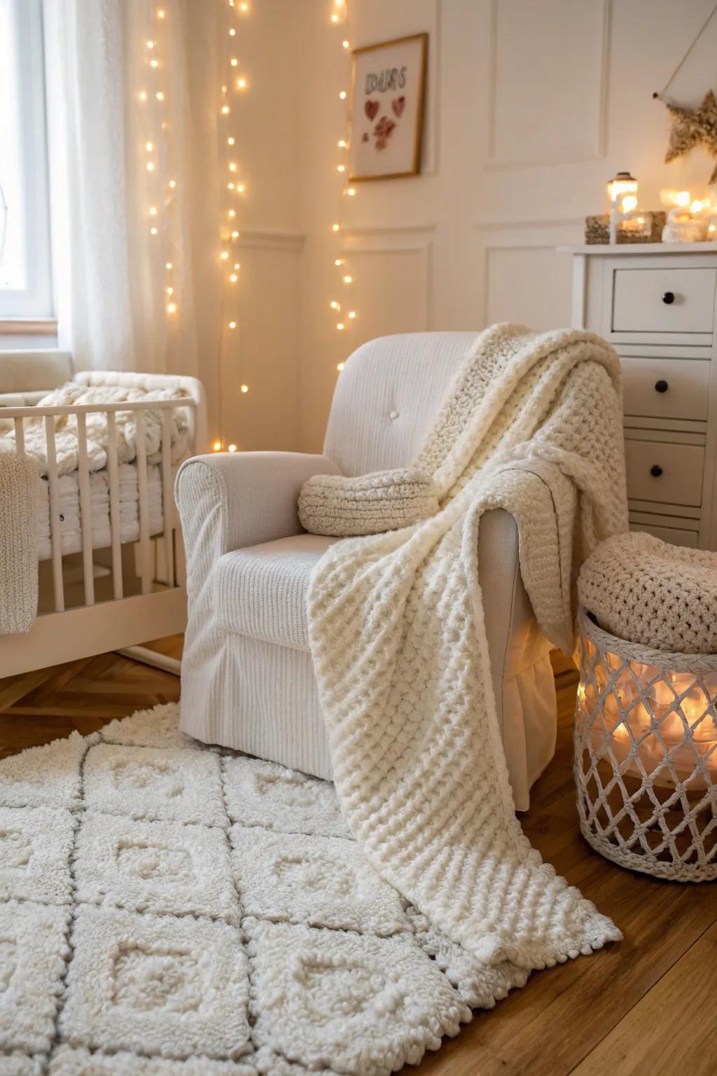 Delicate textures impart warmth to a fully white nursery.