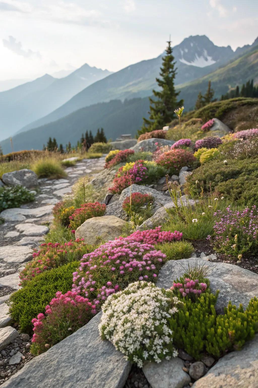 A vibrant assortment of mountain plants brightening up the rocks.