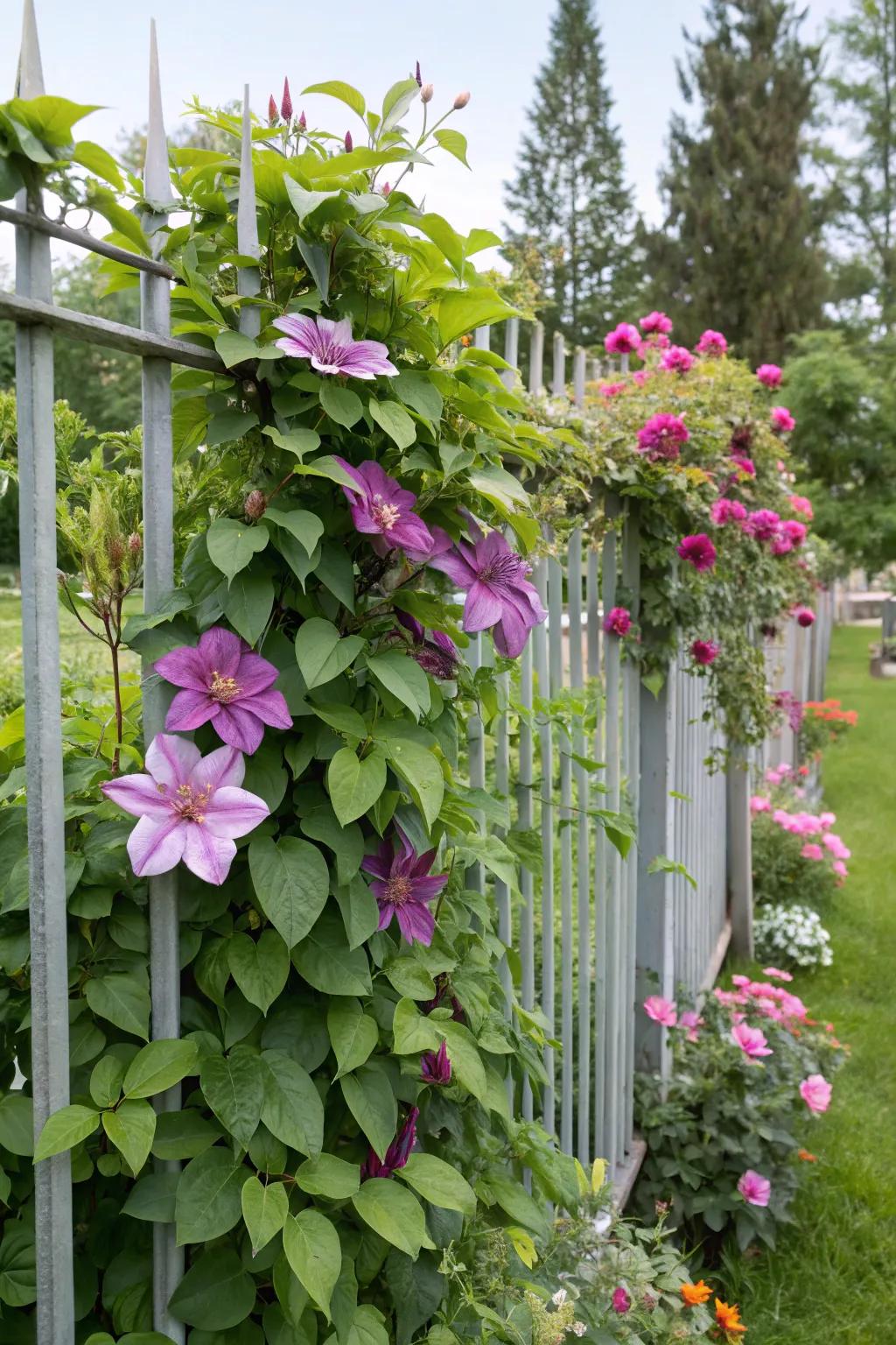 Flowering vines add romance to a sleek metal fence.