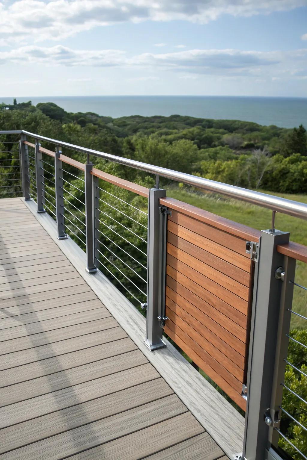 A sophisticated fusion of aluminum and wood railings adorning a deck.