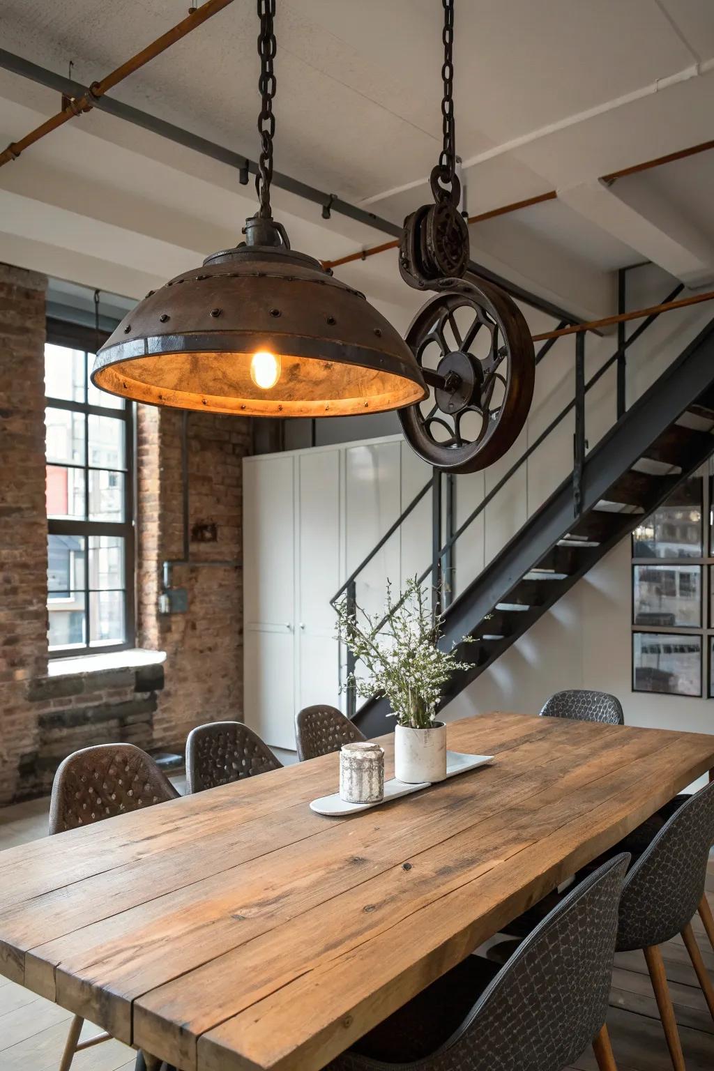 Adjustable lighting featuring an old-fashioned touch within the dining vicinity.
