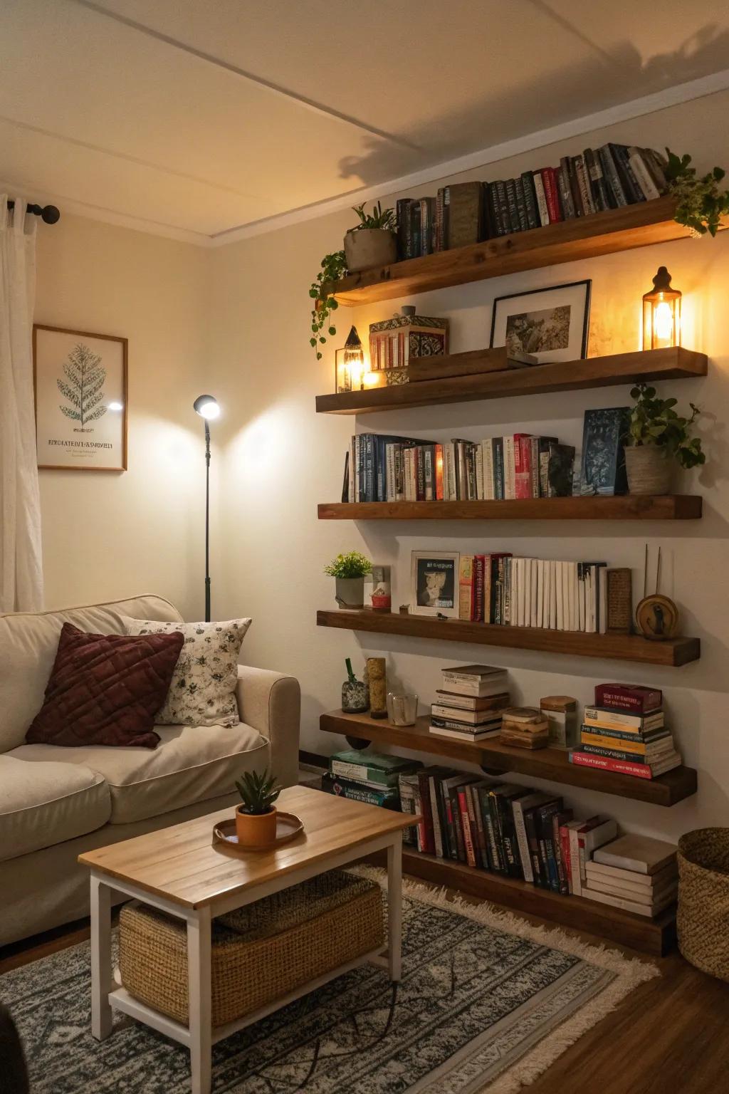 Floating shelves bring storage and style to a small living room.