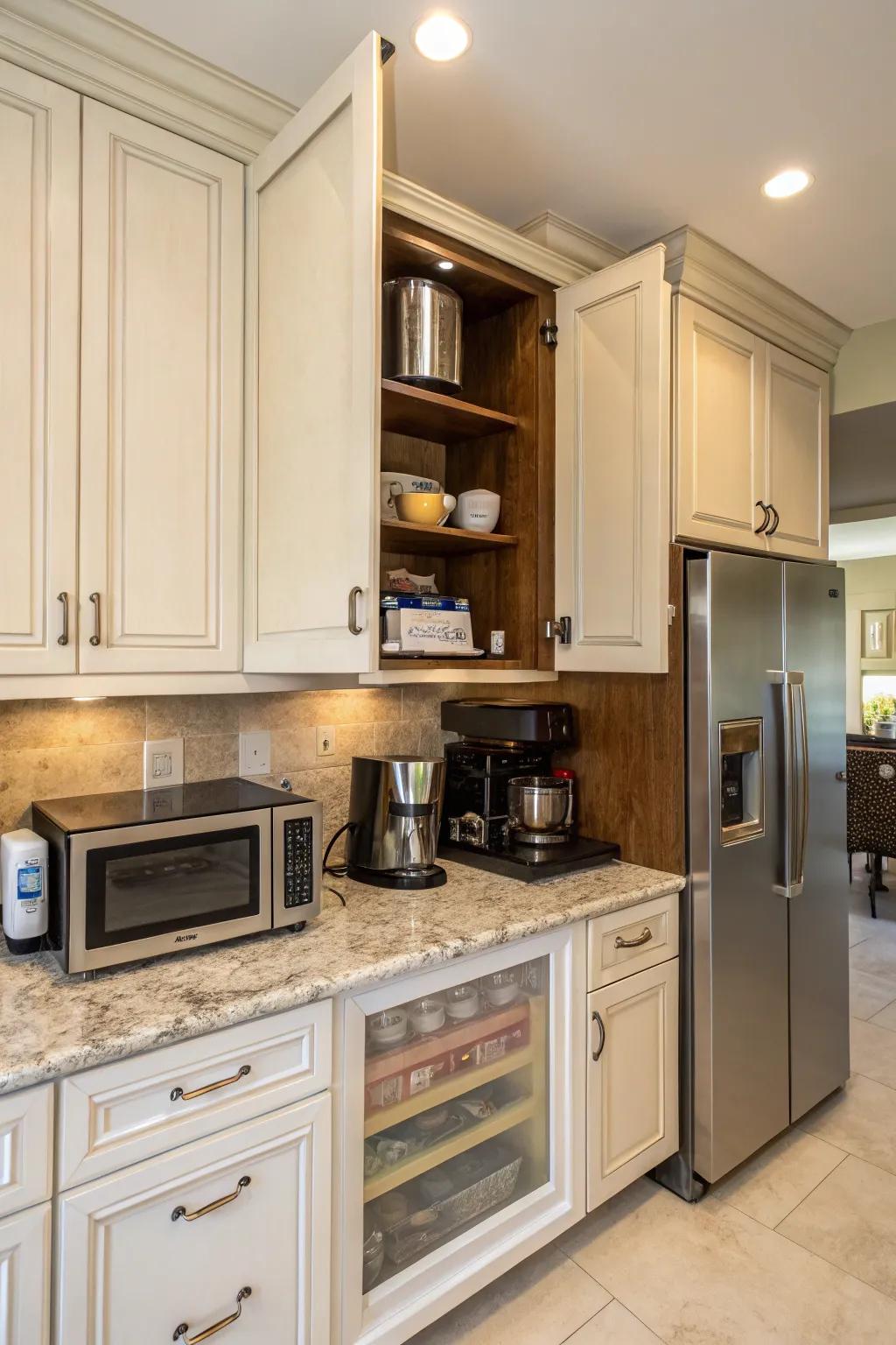 Lift-up doors elegantly show off hidden kitchen appliances, mixing convenience with style.