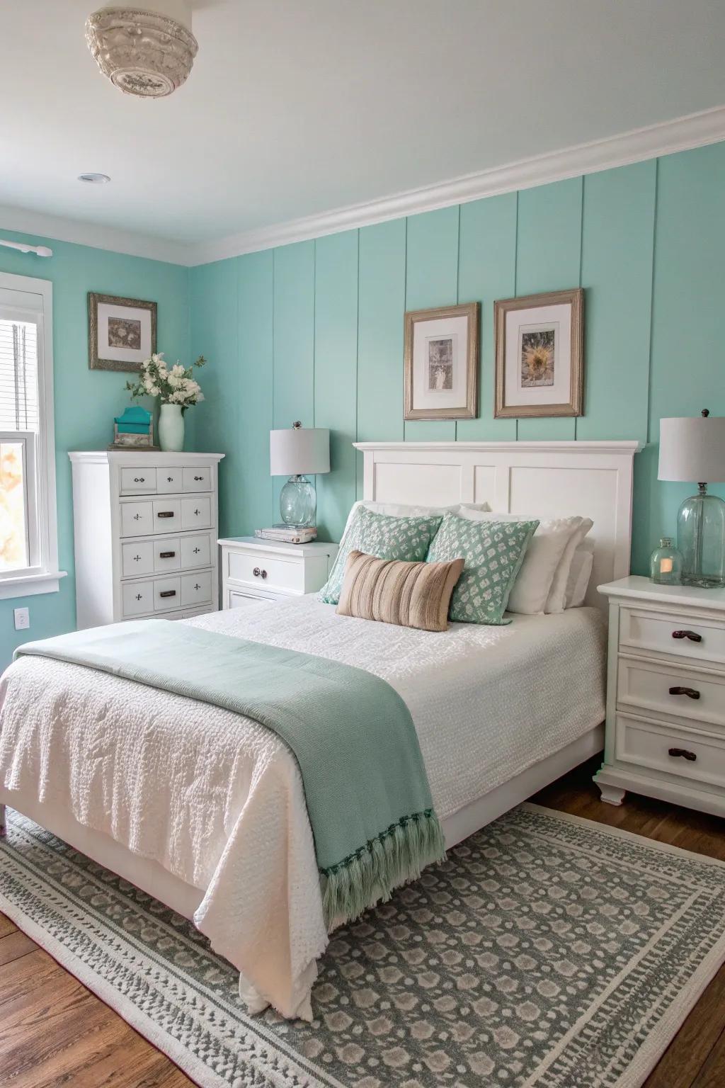 White and soft hues enhance ocean breeze blue walls perfectly.