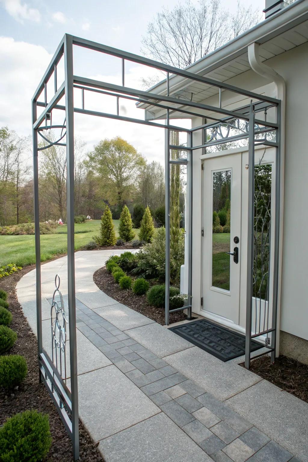 A modern metal arbor showcasing a geometric pattern for a contemporary touch.