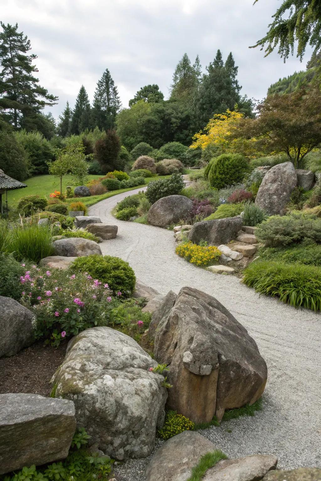 Stone elements contributing texture and visual appeal to the garden.