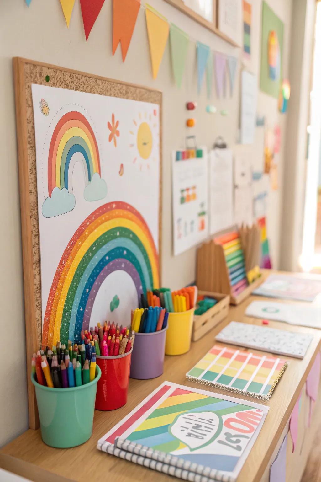 A rainbow-themed bulletin board full of vibrant colors and art supplies.
