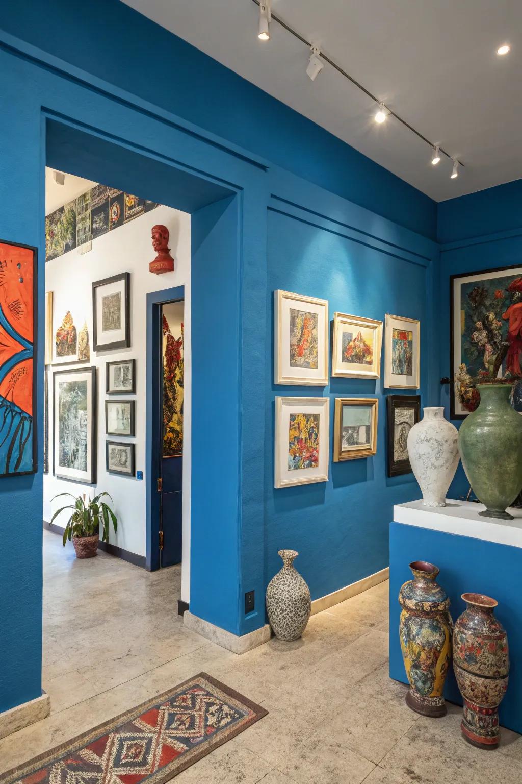 Walls in striking colors serve as an impressive backdrop for your art showcase.