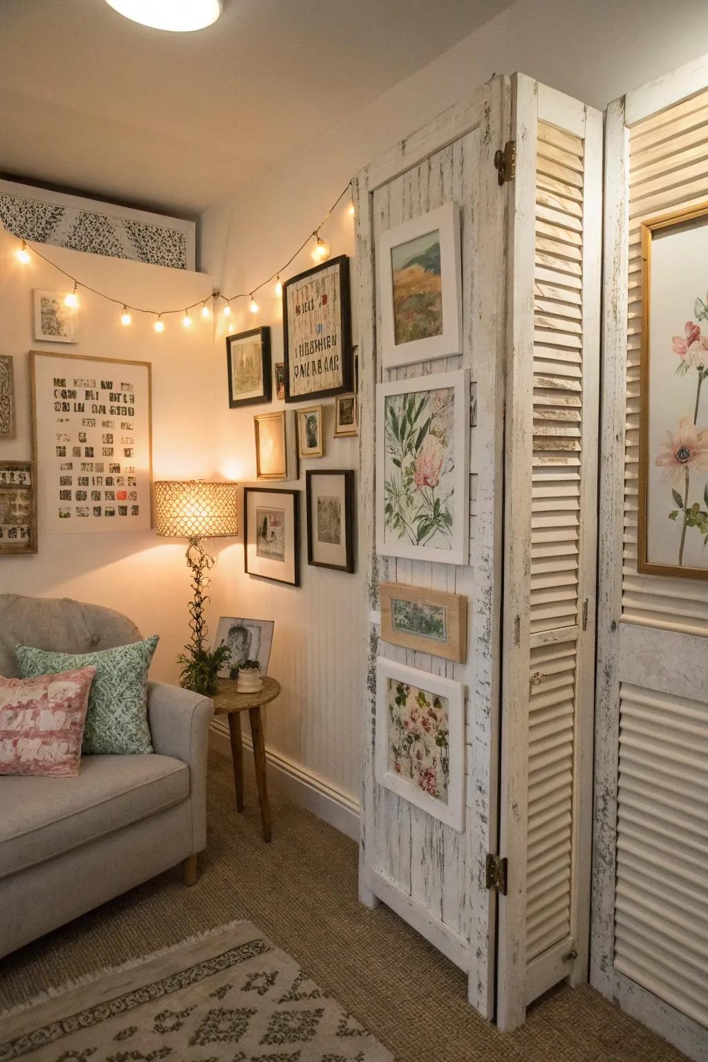 Art prints creatively showcased on antique window dressings within a chic, rustic environment.