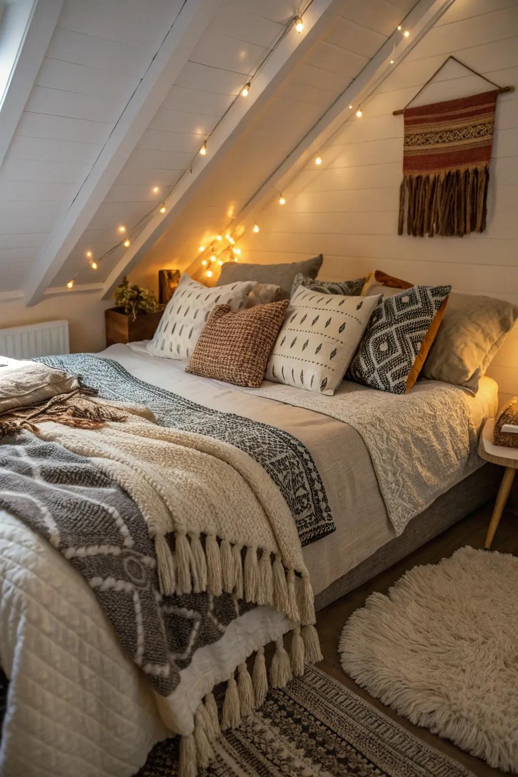 Wrap yourself in warmth with layered textiles for a cozy attic retreat.