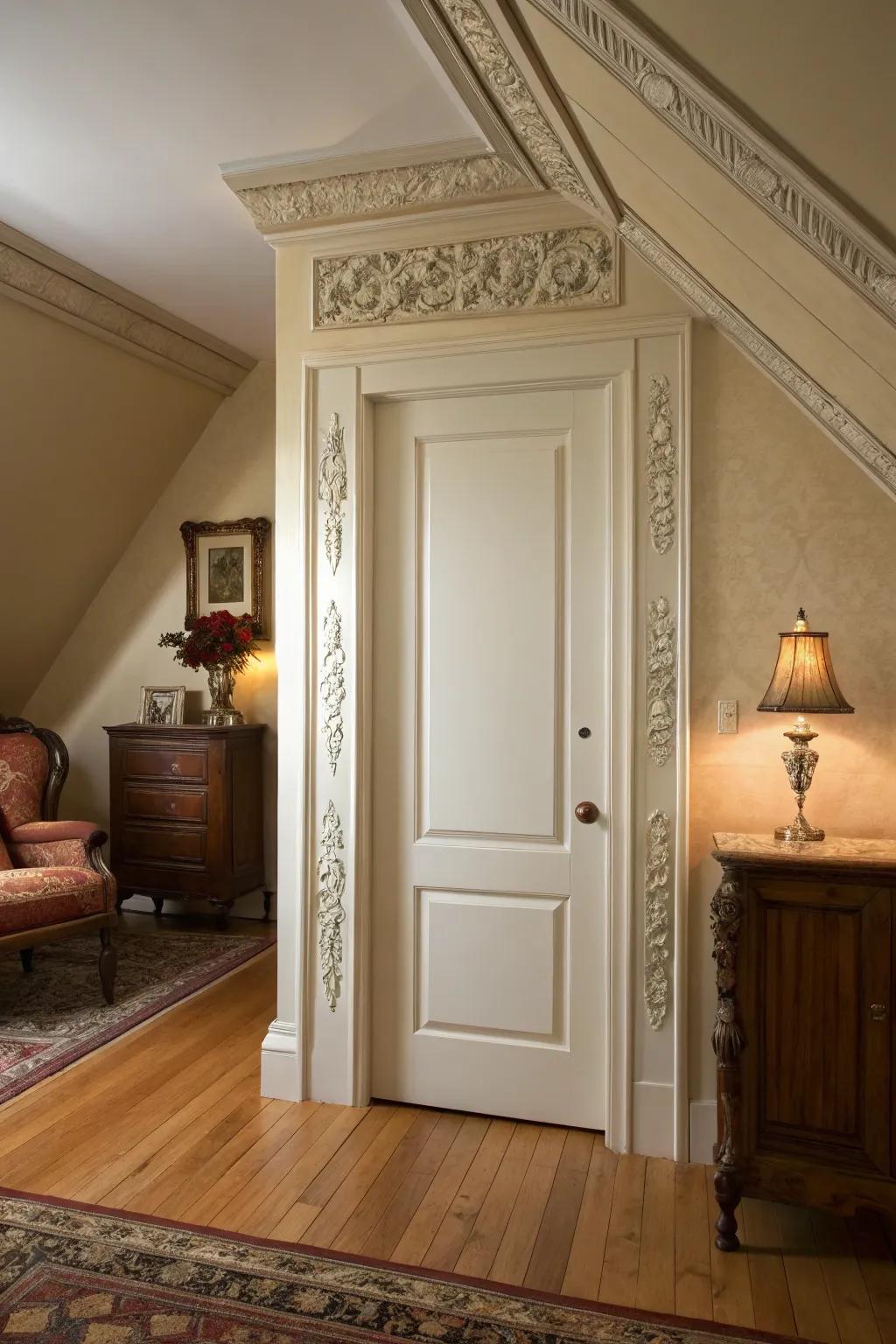 Fancy trim detail enriches your attic entrance with sophistication.