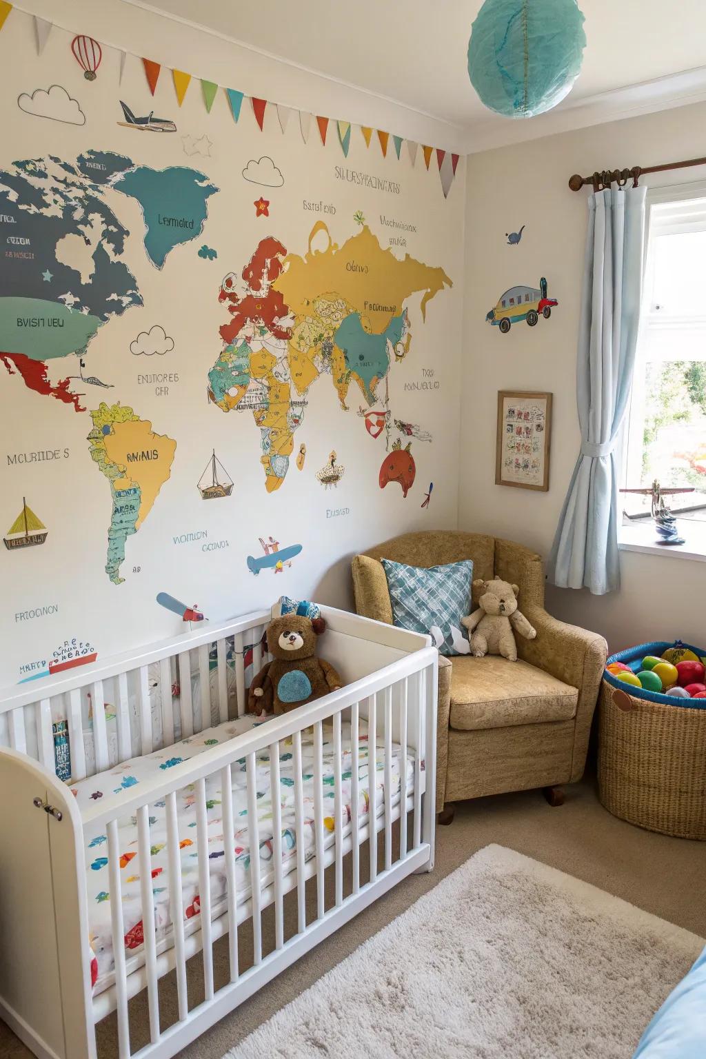 Adventure-themed wall art infuses a sense of exploration into the nursery.