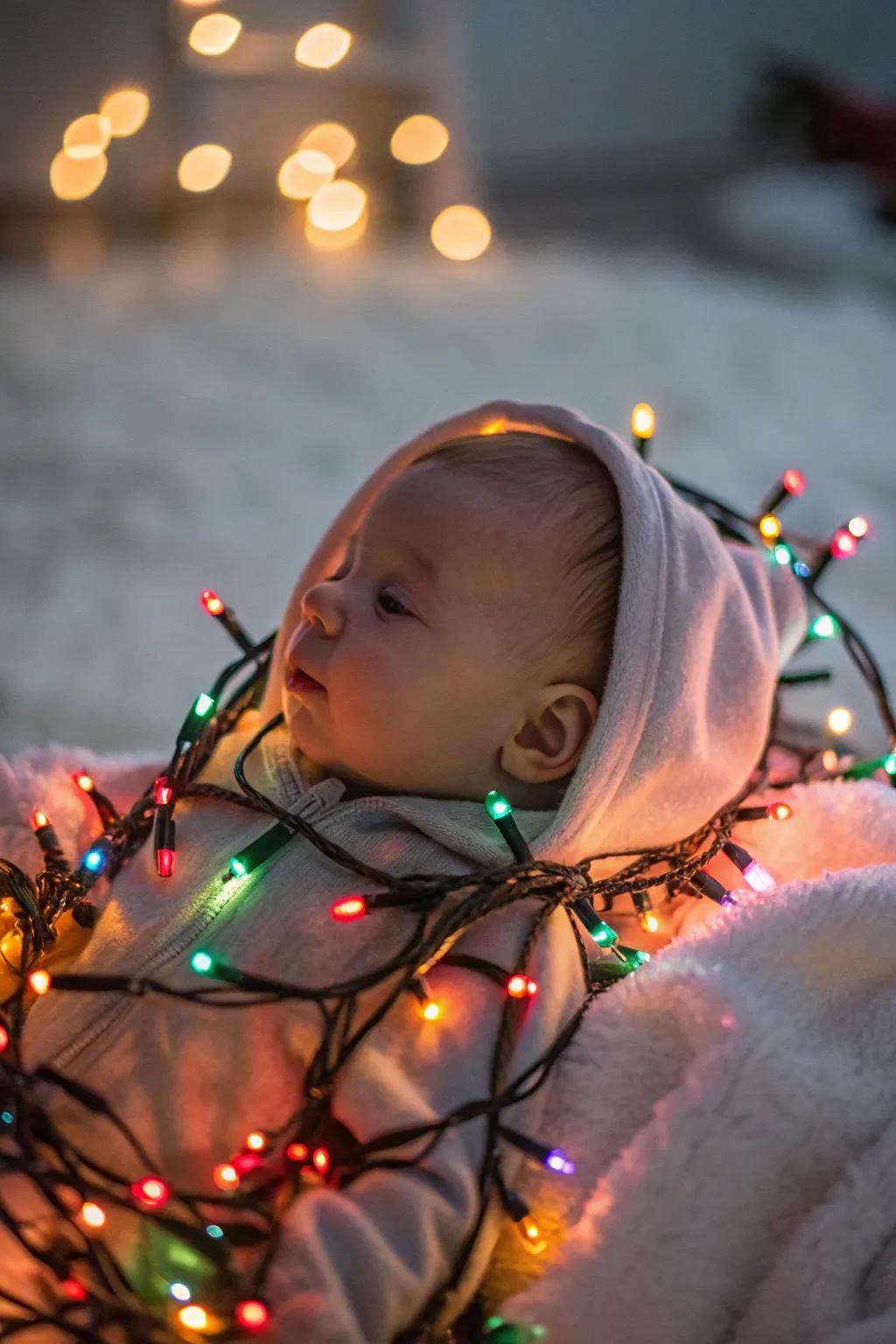 A baby illuminated by the soft glow of Christmas lights.