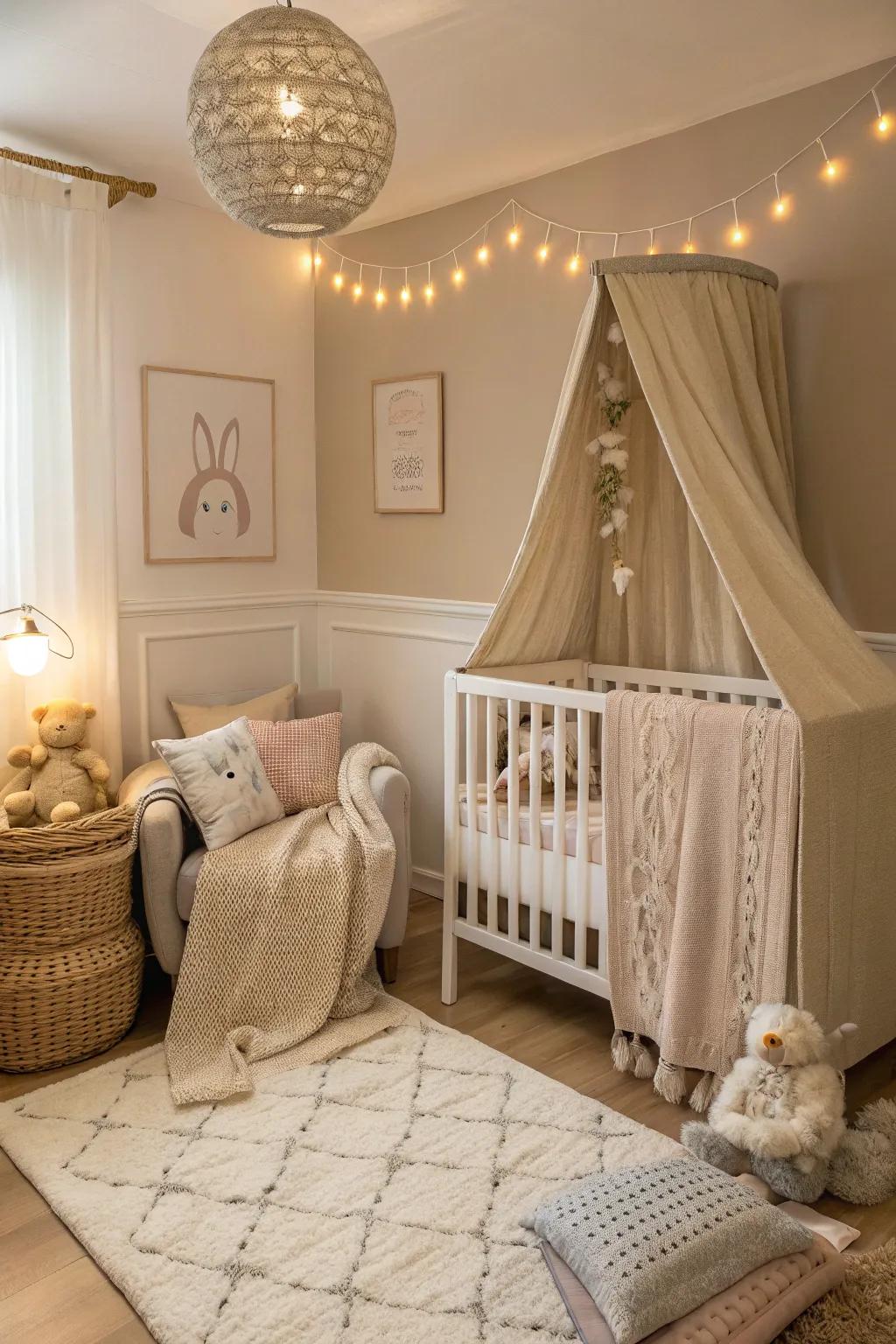 Using neutral hues helps to create a calm, unified nursery area in any bedroom.