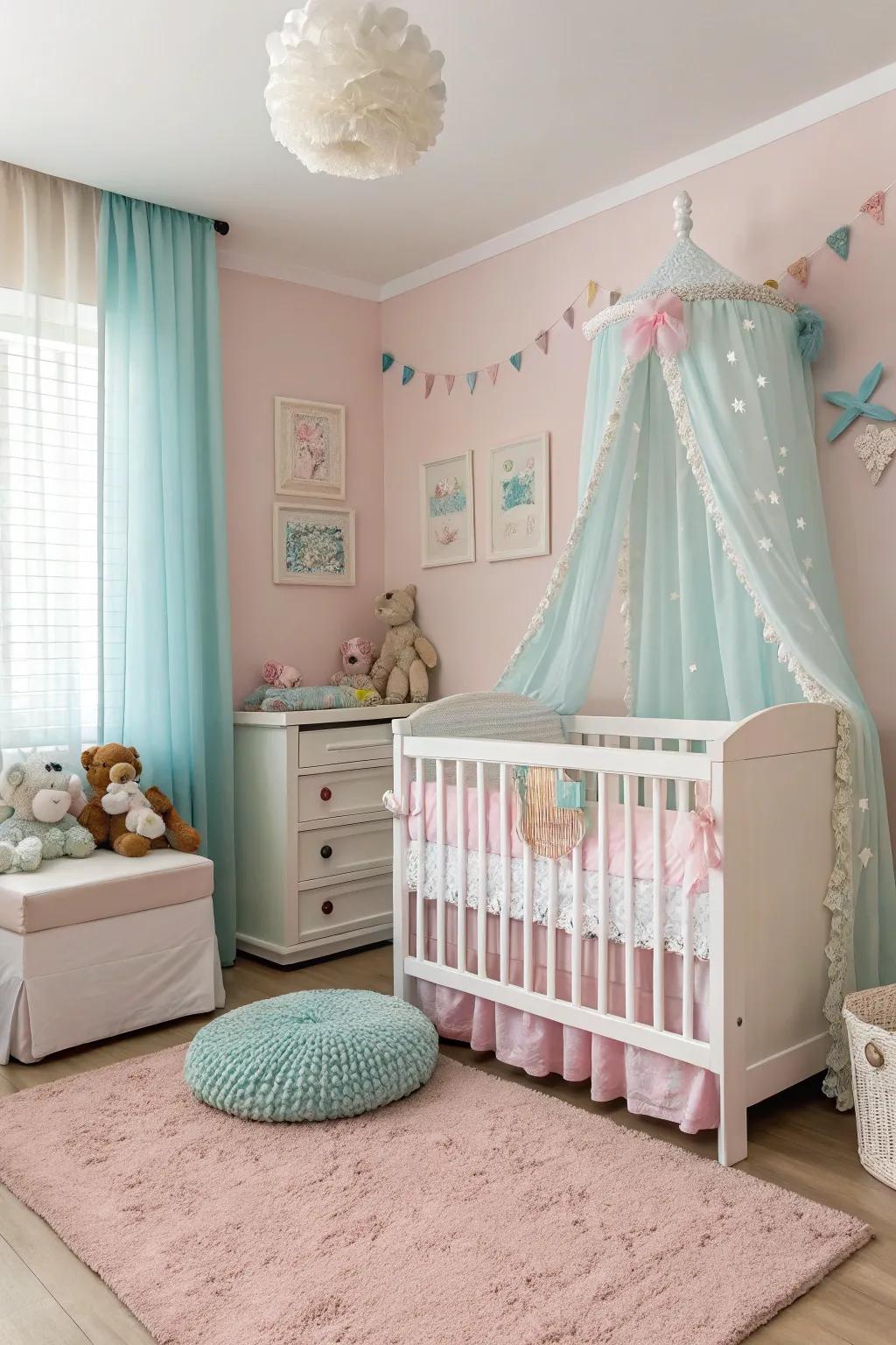 An ivory cot stands as a classic focal point in this graceful setting.