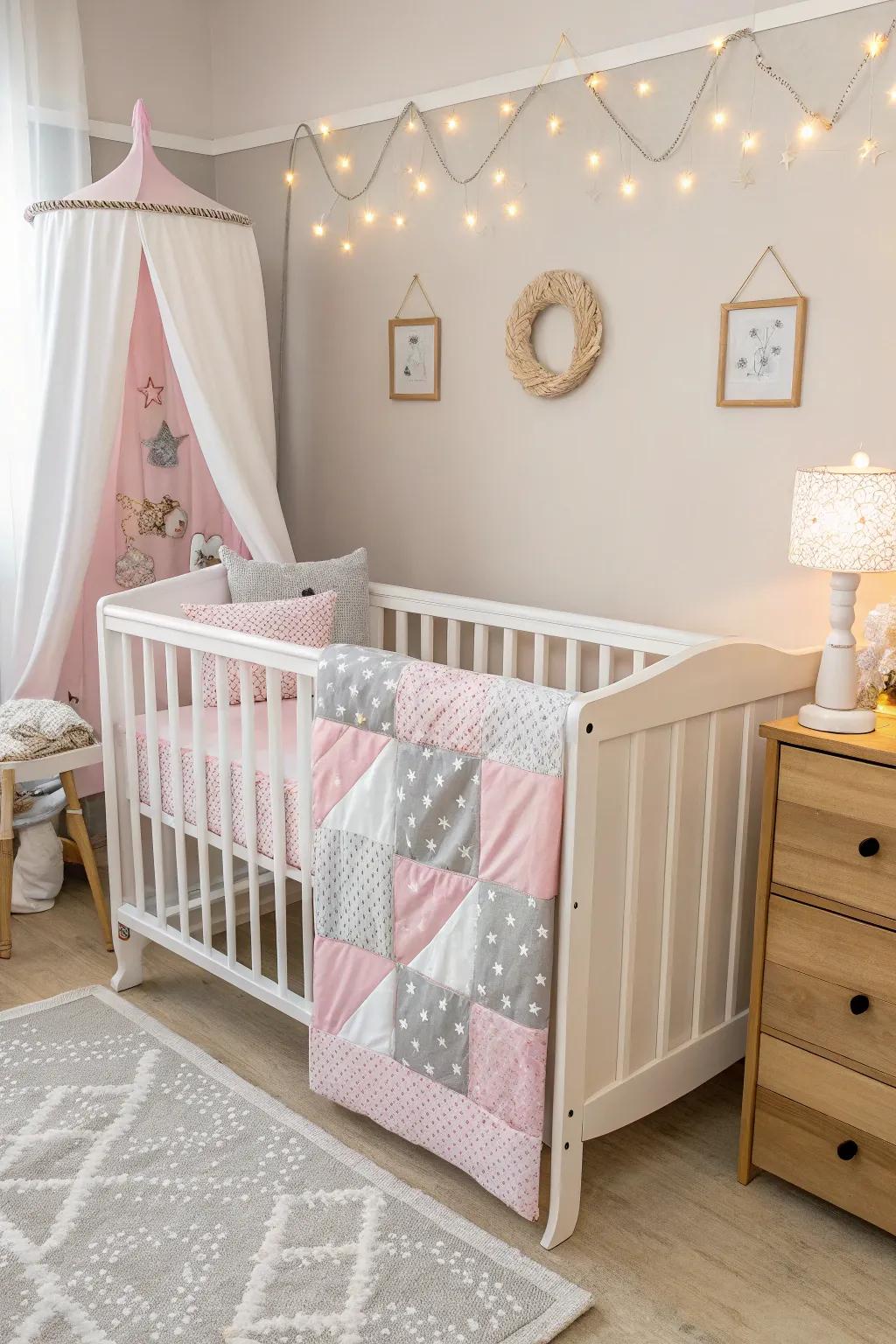 A white bassinet graced with rose and grey for a sprinkle of sophistication.