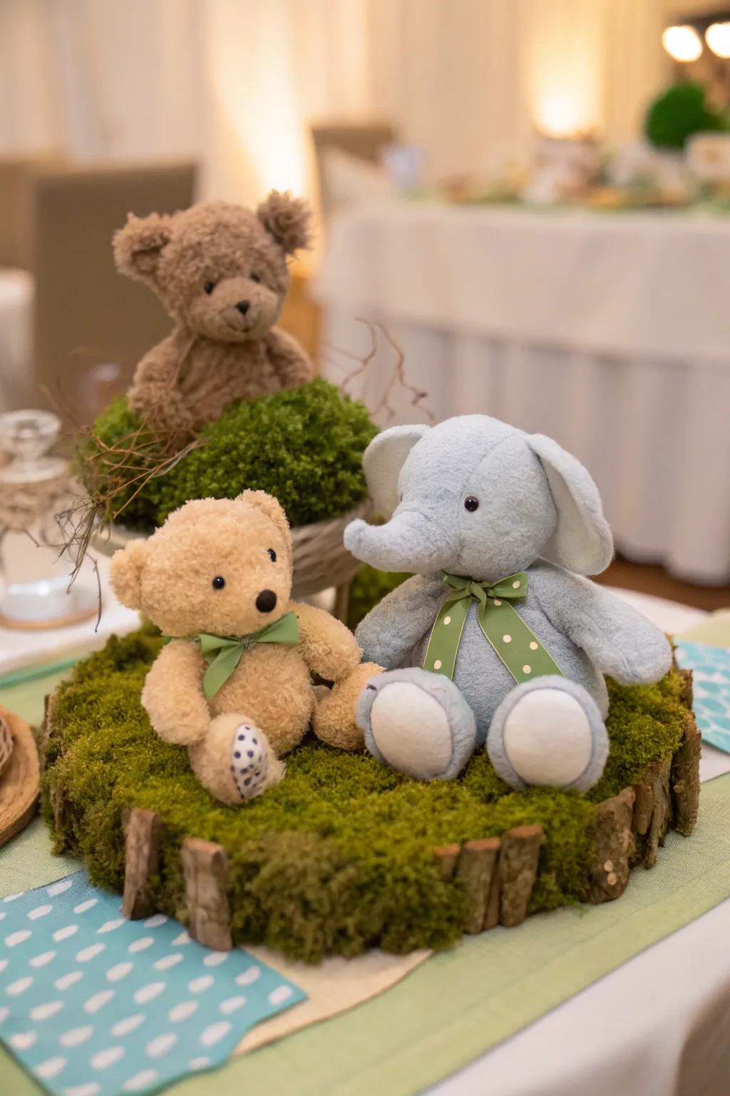 A parade of plush animals brings charm to the table.