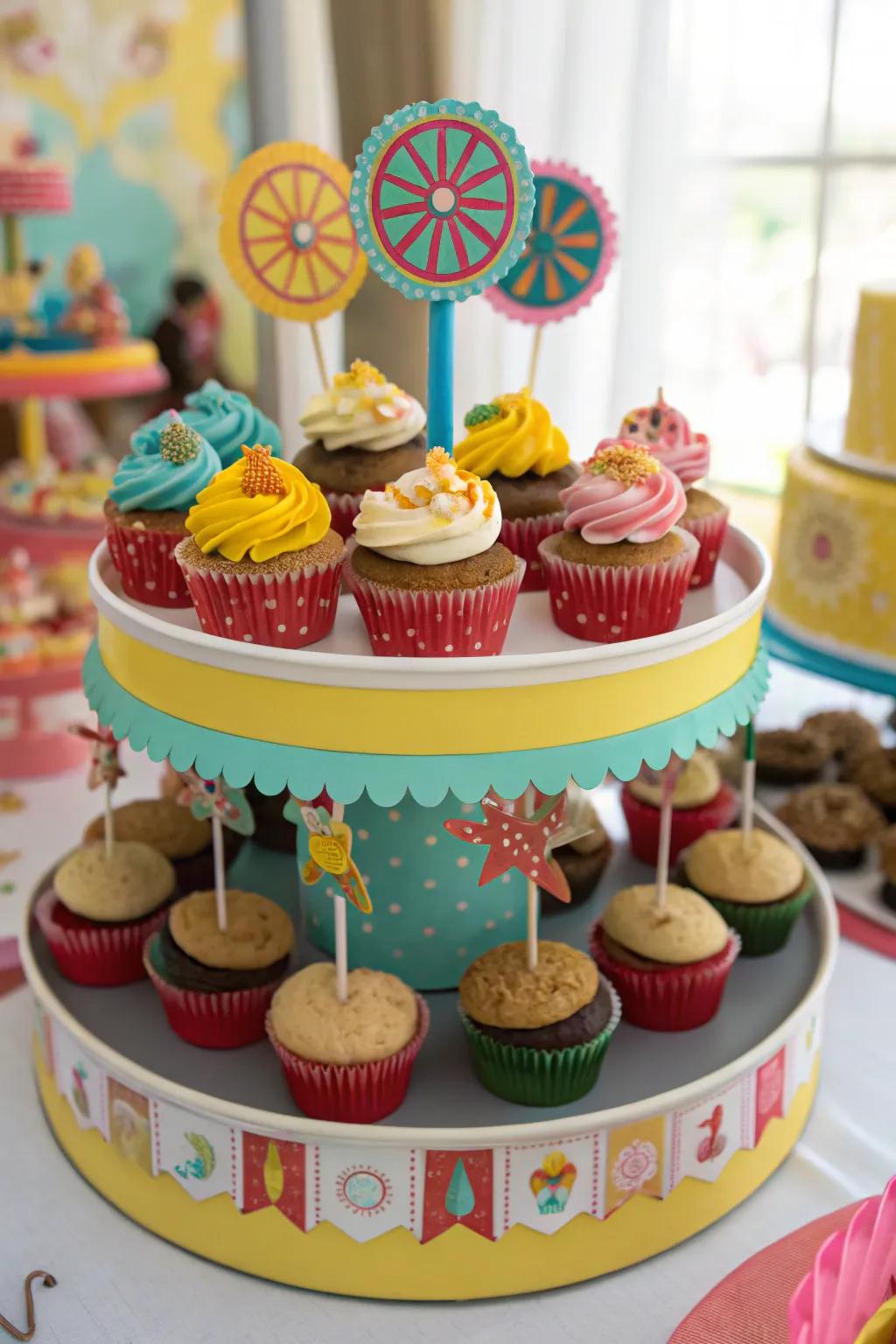 A vibrant cupcake display with charming themed decorations.