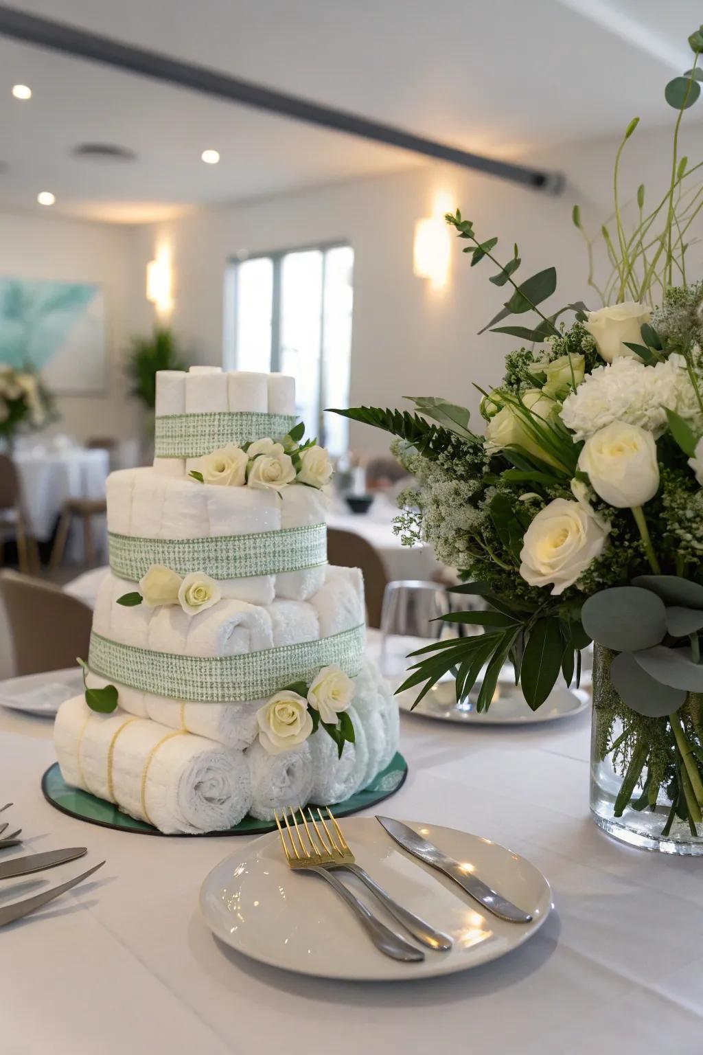 A floral diaper display perfect as a fresh and functional centerpiece.