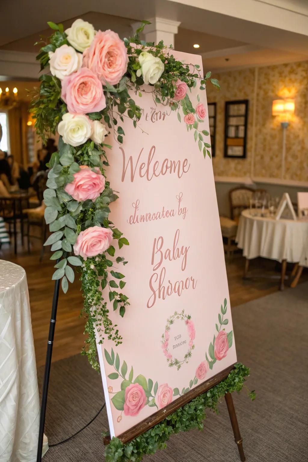 A floral welcome board establishes a visually striking entrance.