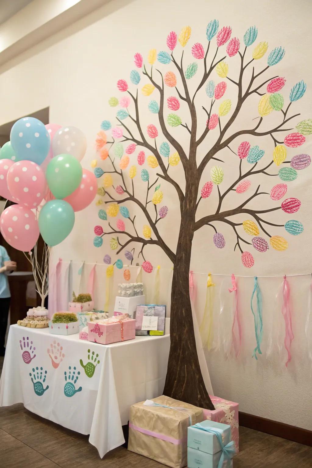 An imaginative fingerprint tree featuring vivid fingerprints as its foliage.