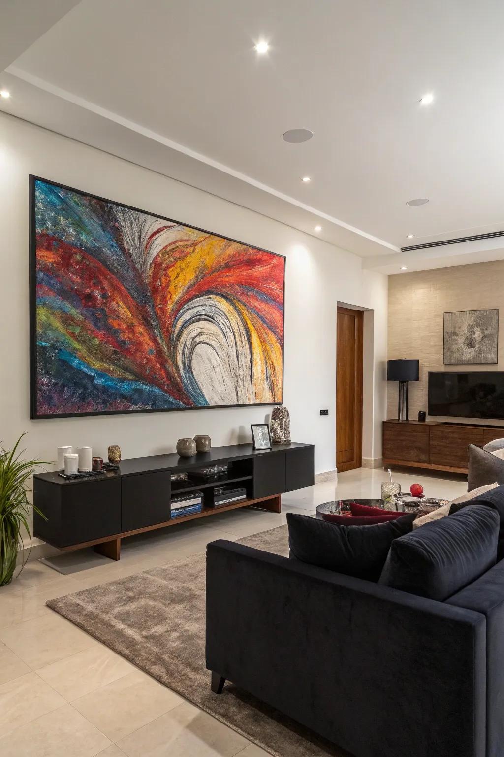 A striking statement artwork transforms this minimalist area.