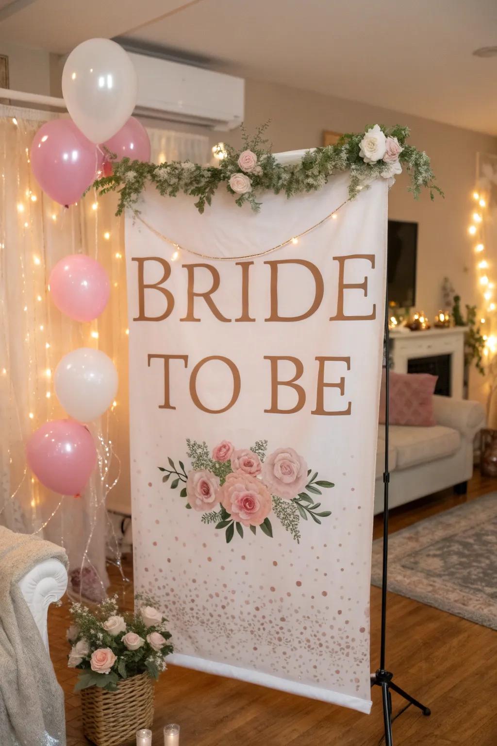An elegant 'BRIDE TO BE' banner provides a personal detail.