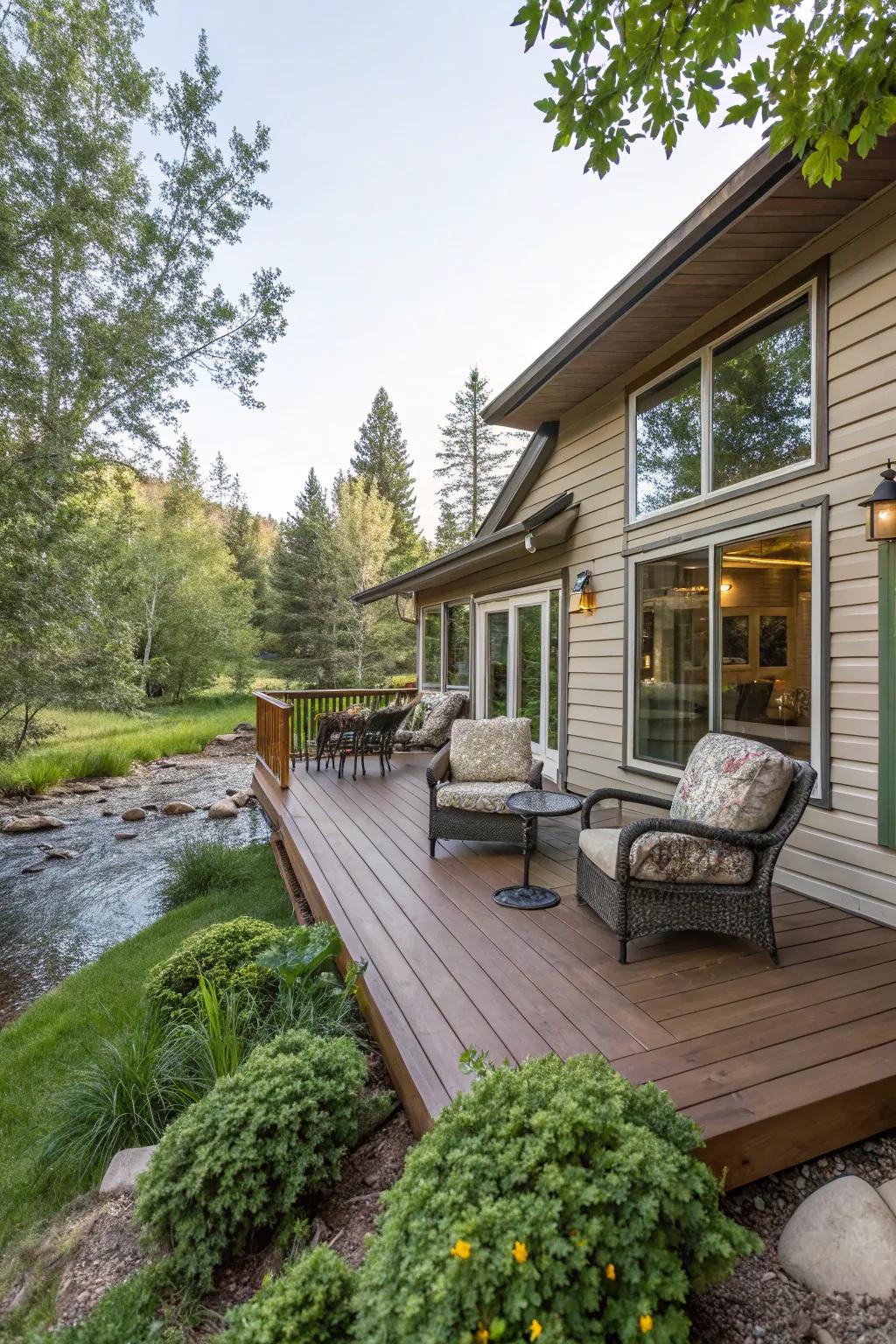 Wraparound decks provide fluid connections between interior and exterior environments.
