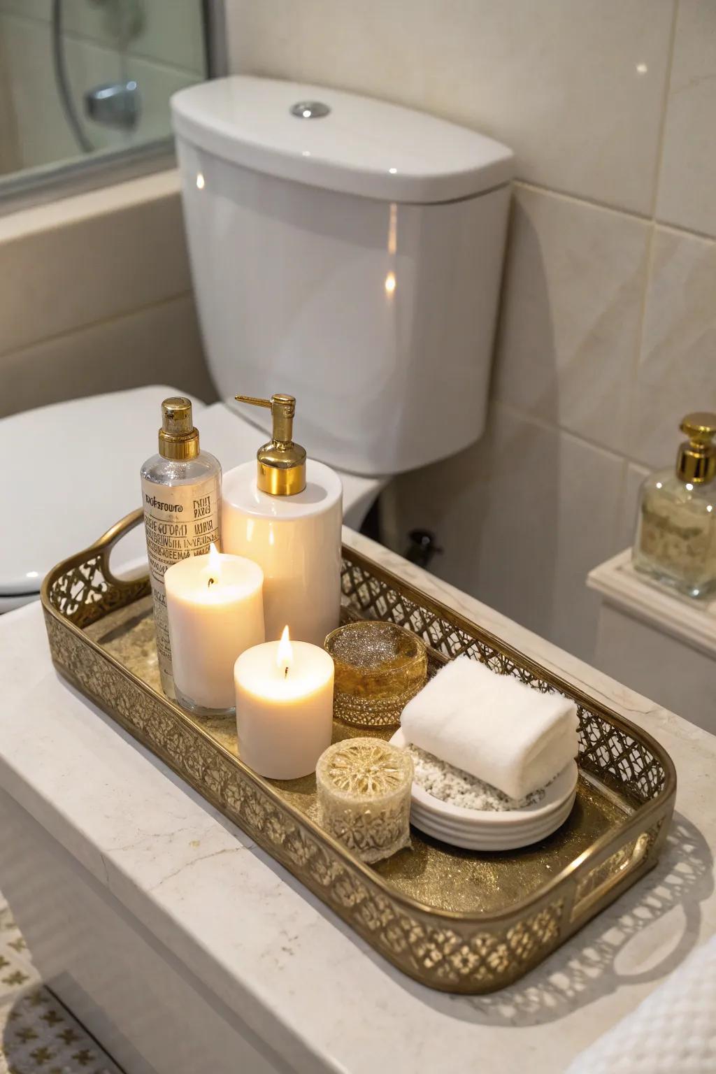 An ornamental holder neatly arranging bathroom essentials.