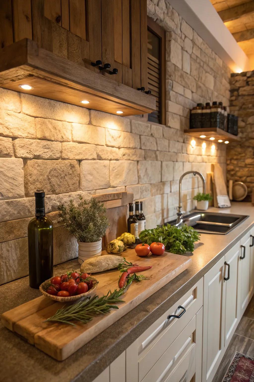 Invite the outdoors inside with a rustic rock backsplash.