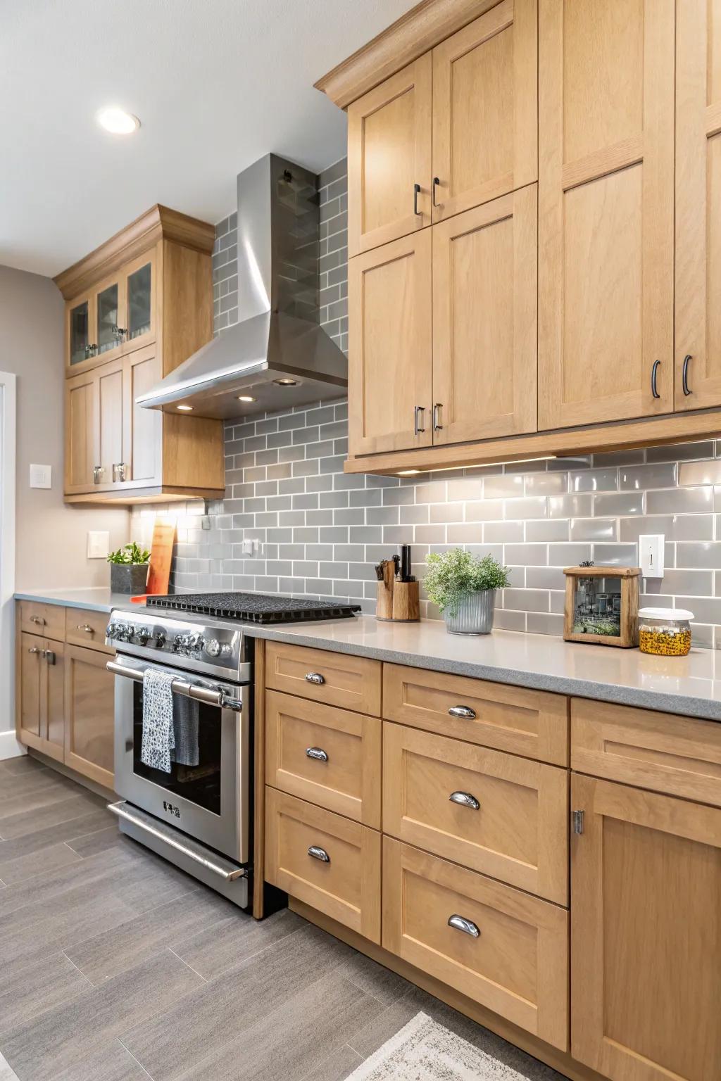 Soft gray panels fashion a stylish setting for maple cabinets.