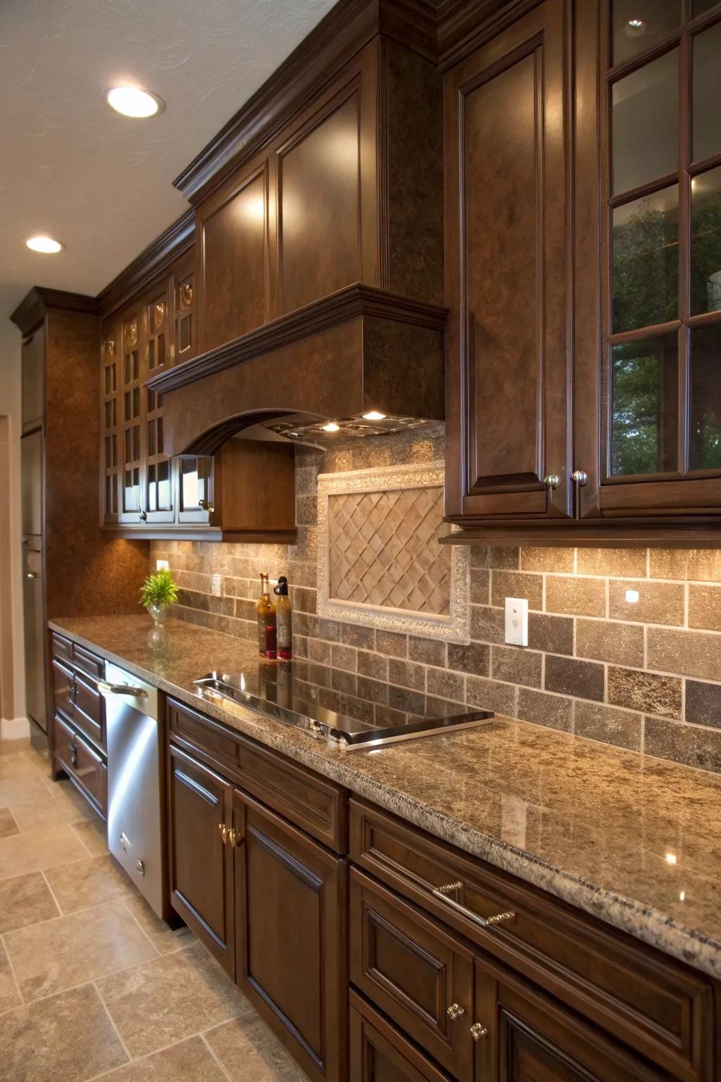 Mocha brown tiles bring out the warmth in fantasy brown granite.