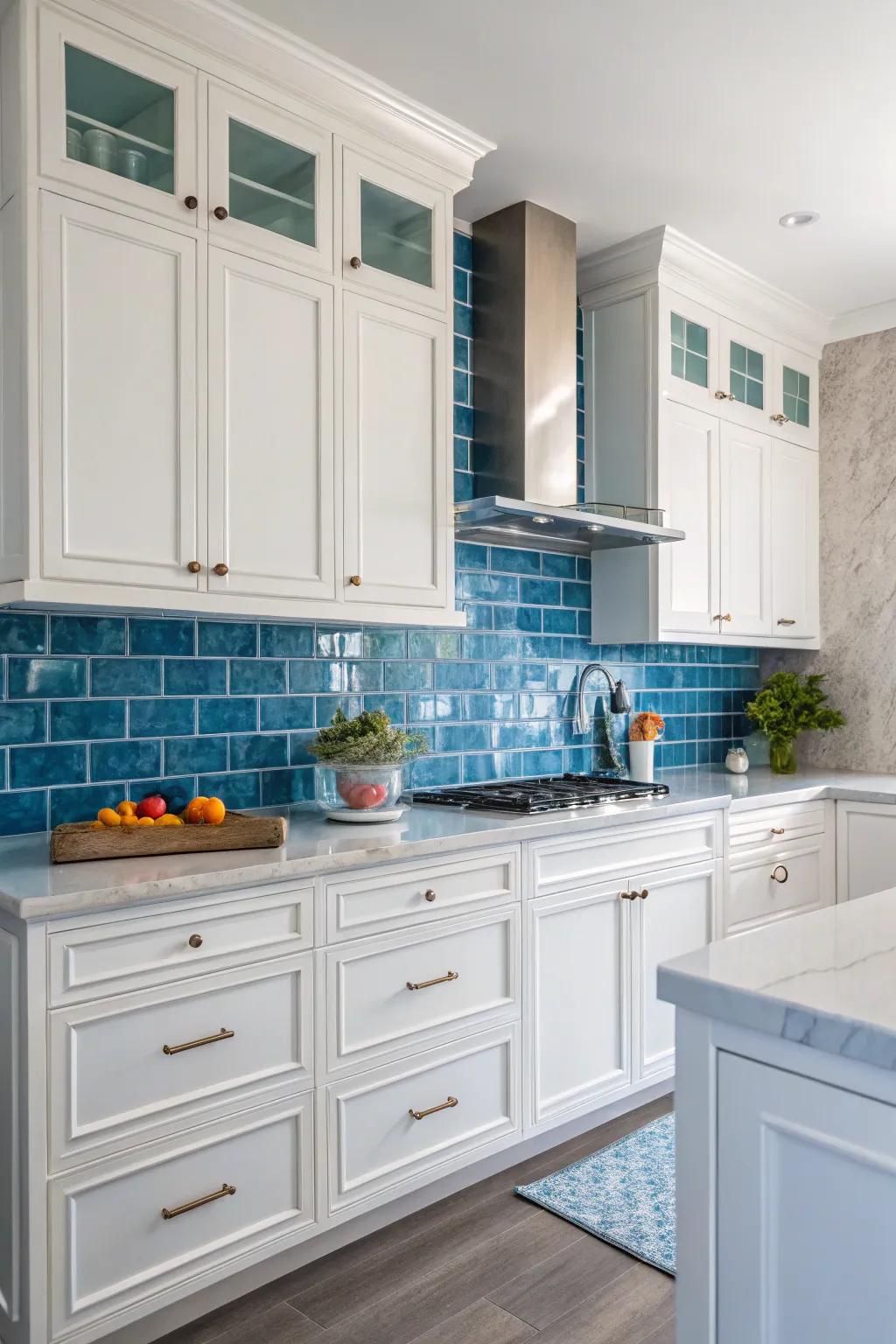 Bright azure tiles fill the space with a cool, fresh vibe.