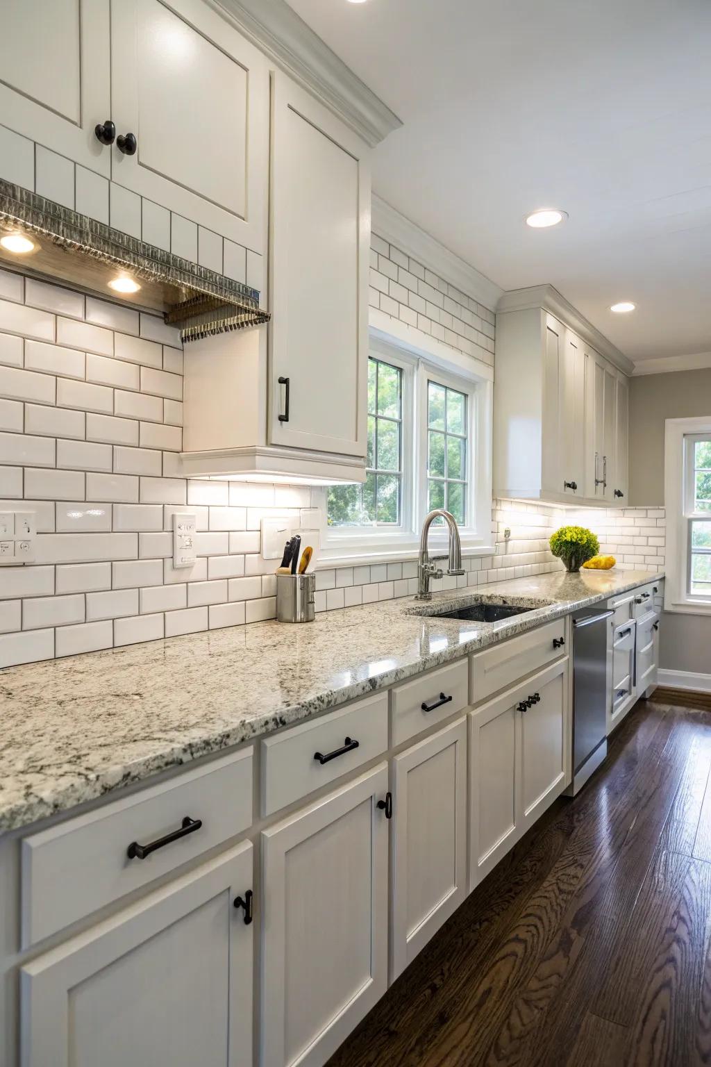 Granite worktops have a timeless backdrop thanks to traditional subway tiles.