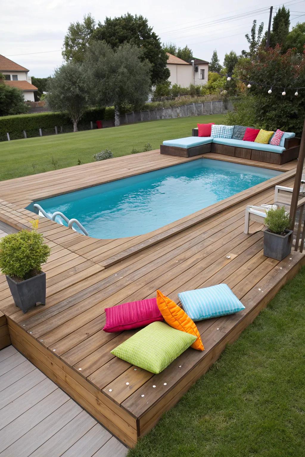Built-in seating transforms poolside relaxation into an even greater pleasure.