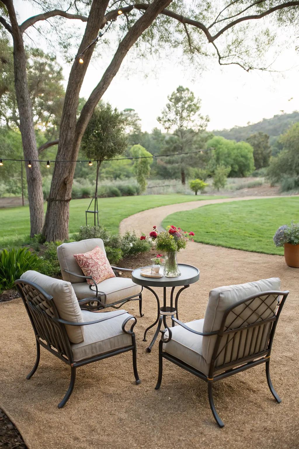 A comfortable seating area on decomposed granite, perfect for relaxing and savoring morning coffee.
